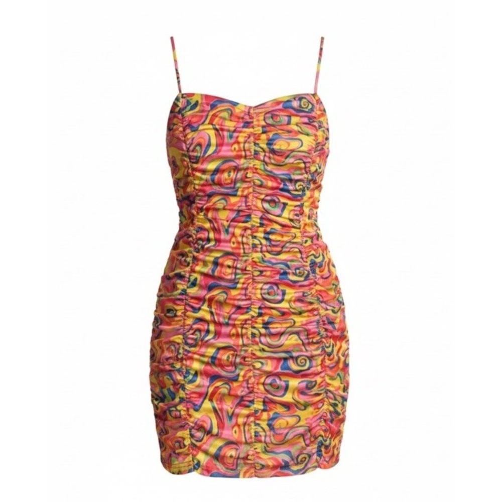 Psychedelic Y2K Ruched Bodycon Mini Dress Sz L Pink Abstract Swirl Rave Festival